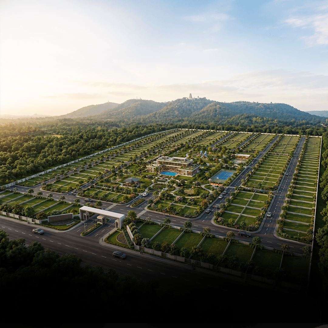 Aerial view of Vaishnavi Life at Mysore with Chamundi Hills beyond