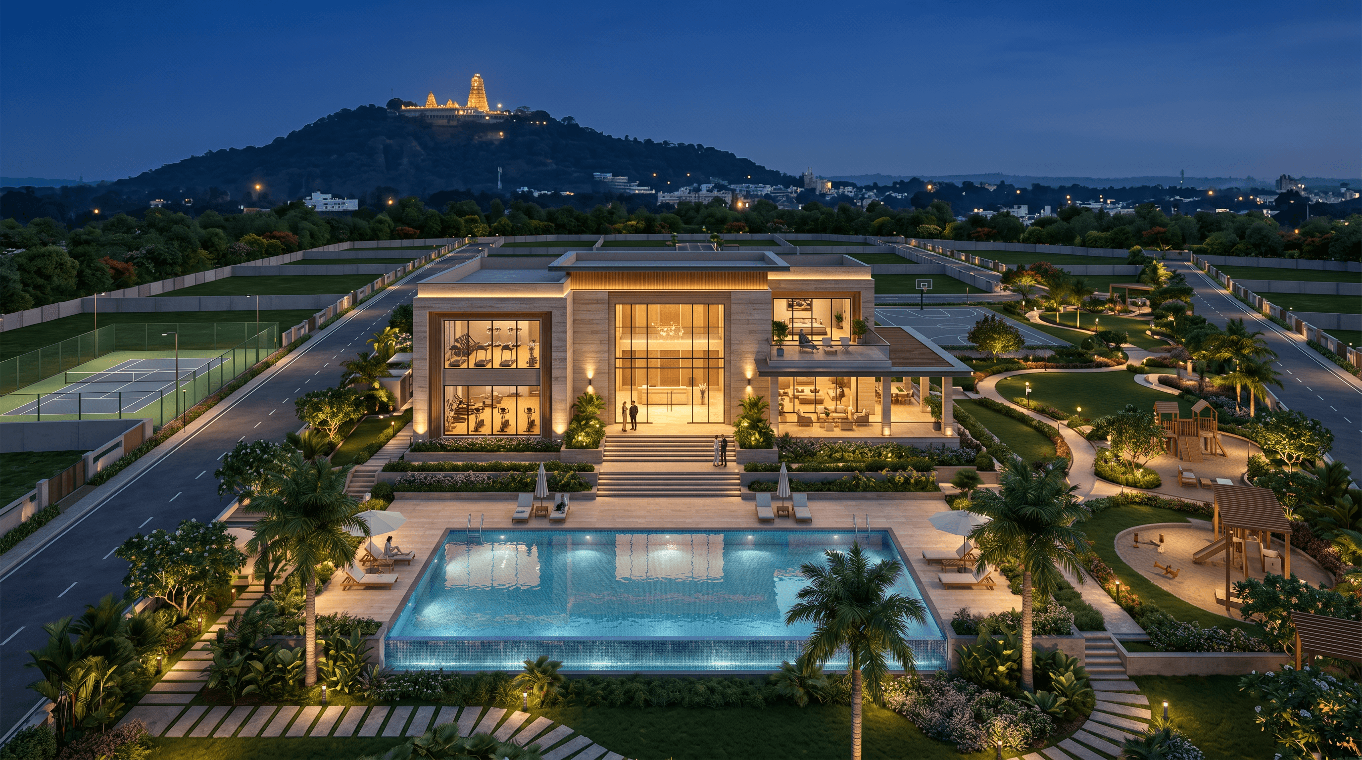 The clubhouse and pool at dusk